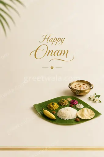 Elegant minimal Happy Onam card with serene golden florals and soft cream tones radiating festive warmth and harmony.