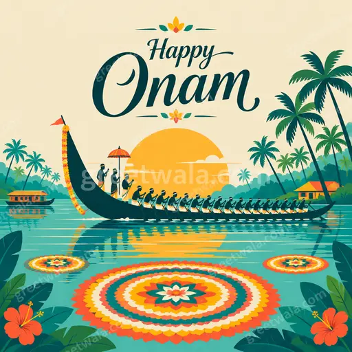 Cheerful flat vector card with Happy Onam text, vibrant pookalam, lamps, and festive traditional Kerala motifs.