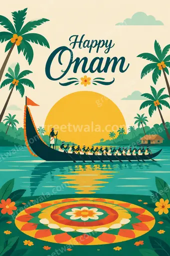 Modern flat vector Onam card with Happy Onam greeting, vibrant festive florals and joyful traditional Kerala mood.