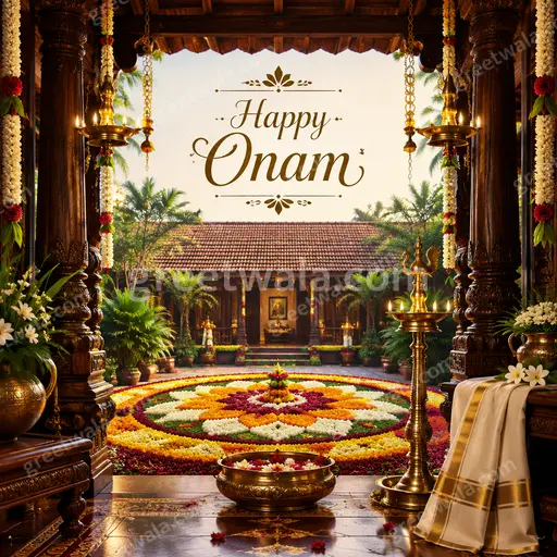 Ornate traditional Onam card with vibrant floral decor and festive golden glow wishing Happy Onam joyfully.