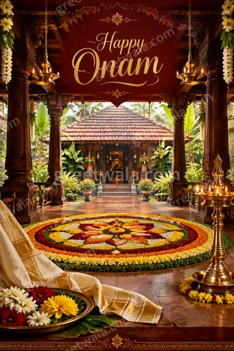 Ornate traditional card displaying 'Happy Onam' amid vibrant pookalam, golden lamps, and warm festive glow.