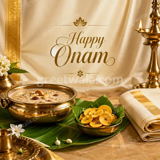 A premium Onam showcase card radiating festive warmth with elegant traditional motifs and joyful Happy Onam greeting.