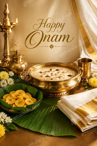 Premium festive Onam card radiating warmth with vibrant pookalam, glowing lamps, and golden Happy Onam typography.