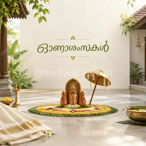 Elegant minimal Onam card displaying ഓണാശംസകൾ in graceful gold typography over serene cream with delicate floral accents.