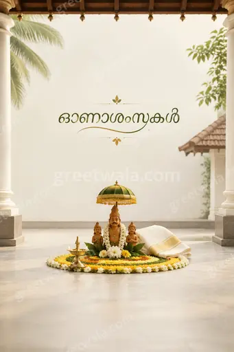 Elegant minimal Onam card with soft golden florals, serene cream background, showcasing ഓണാശംസകൾ in graceful festive Malayalam typography.