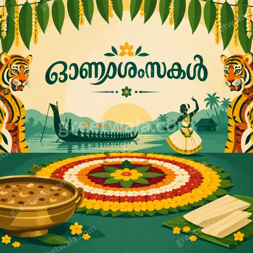 Cheerful modern flat vector Onam card displaying ഓണാശംസകൾ with pookalam, lamps, festive Kerala motifs in vibrant joyful style.