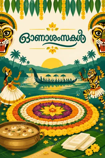 Modern flat vector Onam card displaying ഓണാശംസകൾ with festive pookalam, lamps, and joyful traditional Kerala celebration mood.