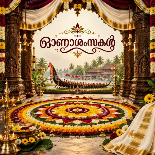 Ornate traditional Onam greeting card with golden pookalam, festive lamps, and elegant Malayalam ഓണാശംസകൾ text in warm joyful style.