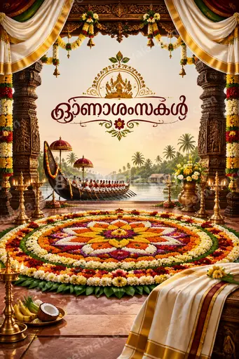 Ornate traditional Onam greeting card with vibrant pookalam, festive lamps, and golden ഓണാശംസകൾ Malayalam lettering radiating joyful warmth.