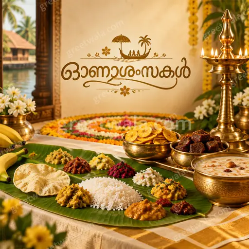 Elegant golden festive Onam card glowing warmly with traditional lamps, flowers, and Malayalam ഓണാശംസകൾ greeting in ornate style.
