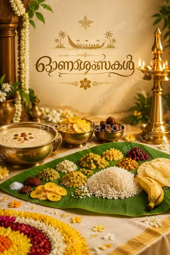 Premium Onam showcase card in rich gold and green with ഓണാശംസകൾ, pookalam, lamps, festive elegant Kerala mood.