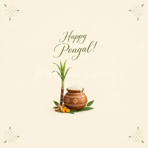 Elegant minimal Pongal card with warm festive glow, sugarcane and pot motifs, wishing Happy Pongal in graceful style.