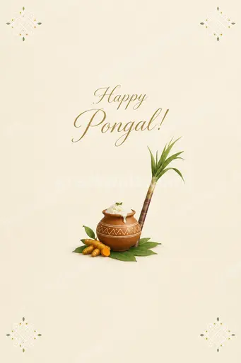 Elegant minimal Pongal card with warm golden tones, sugarcane motifs, and joyful Happy Pongal! greeting.
