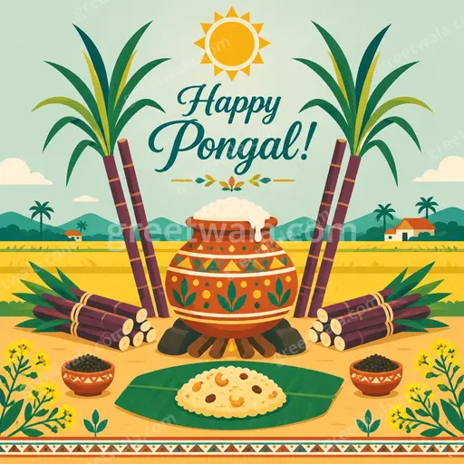 Cheerful modern flat vector design with sugarcane, pot and sun in warm festive colors wishing Happy Pongal!
