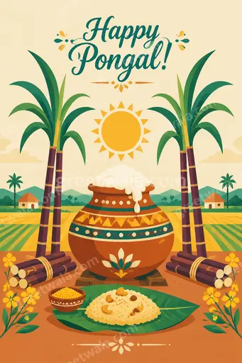 Cheerful flat vector card reading "Happy Pongal!" with sunny fields, sugarcane and pongal pot radiating festive warmth.