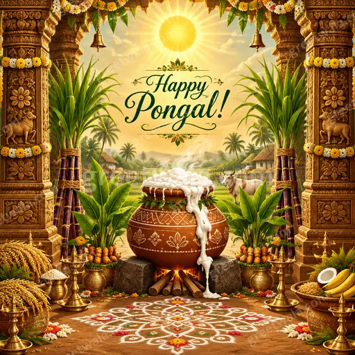 Ornate traditional Pongal card glowing with festive warmth, sugarcane, pots, and elegant Happy Pongal lettering.