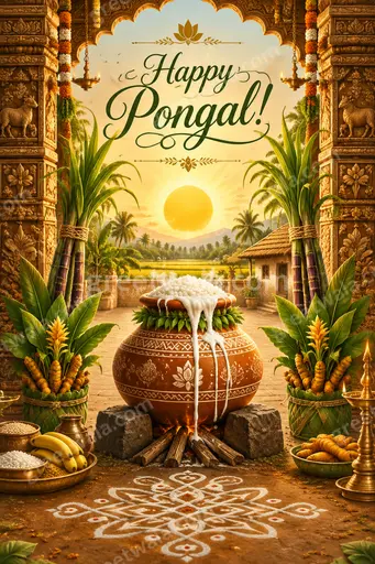 Ornate traditional Pongal card with festive harvest motifs, warm golden tones, and joyful Happy Pongal greeting.