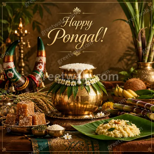 Premium Pongal card displaying 'Happy Pongal!' with golden harvest motifs, warm festive glow, and elegant traditional charm.