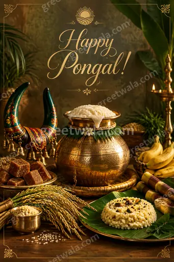 Warm golden harvest scene with pongal pot, sugarcane and sunshine framing elegant Happy Pongal lettering joyfully.