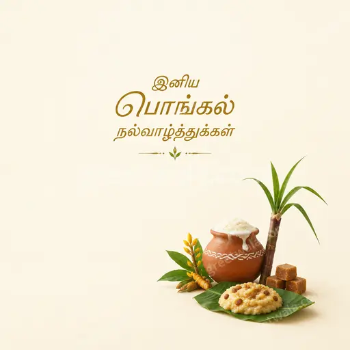 Elegant minimal Pongal card displaying 'இனிய பொங்கல் நல்வாழ்த்துக்கள்' with golden pot, sugarcane, and calm festive warmth.