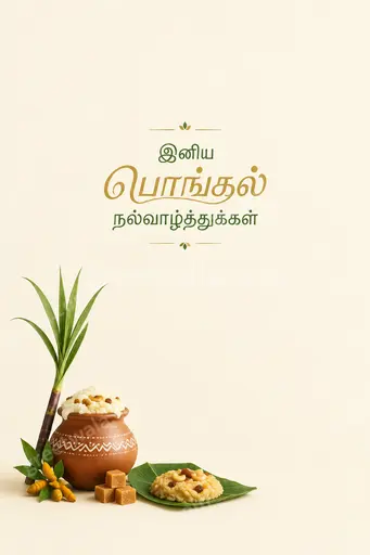 Elegant minimal Pongal card with warm festive glow, traditional pot motifs, and Tamil greeting in graceful refined style.