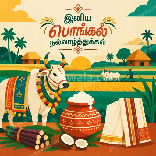 A cheerful flat vector Pongal card displaying 'இனிய பொங்கல் நல்வாழ்த்துக்கள்' with pongal pot, sugarcane, sun and festive warm colors.