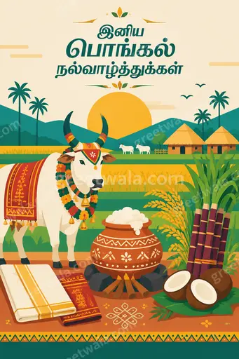 Cheerful modern flat vector Pongal card displaying 'இனிய பொங்கல் நல்வாழ்த்துக்கள்' with pongal pot, sugarcane and radiant sun.