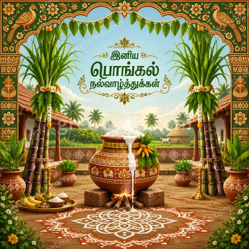 Ornate traditional Pongal card in vibrant festive style displaying Tamil greeting with joyful harvest warmth and elegance.