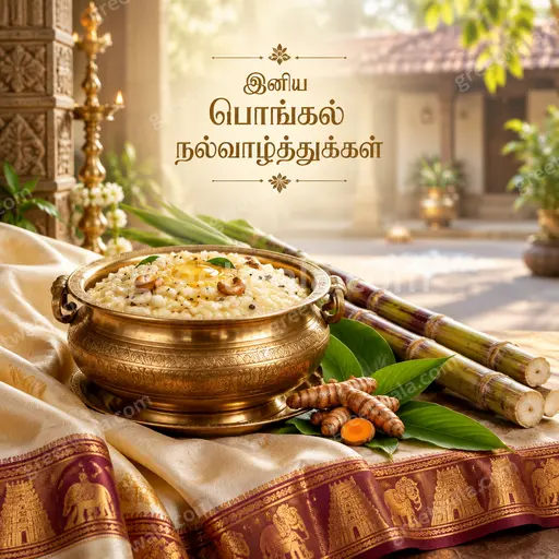 Premium Tamil Pongal card displaying 'இனிய பொங்கல் நல்வாழ்த்துக்கள்' with sunrise, sugarcane and pot in warm festive glow.