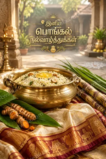 Premium festive Pongal card glowing with harvest joy, sugarcane, pot, sunrise and elegant Tamil greeting typography.