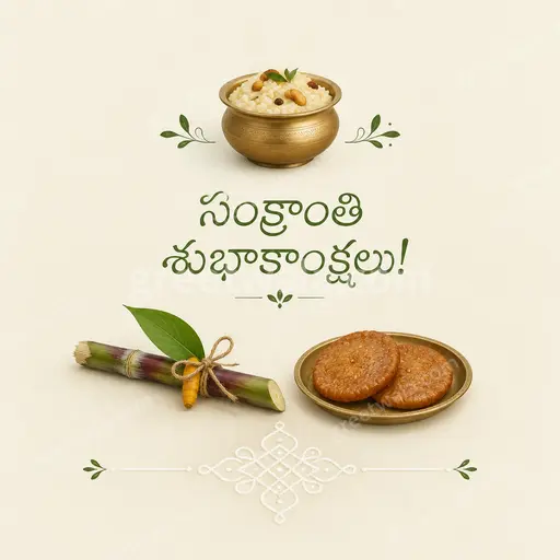 Elegant minimal Pongal card glowing with harvest warmth, featuring sugarcane and sun motifs with సంక్రాంతి శుభాకాంక్షలు in gold.