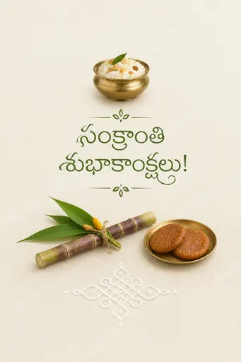 Elegant minimal Pongal card with warm serene glow displaying సంక్రాంతి శుభాకాంక్షలు in graceful festive style.