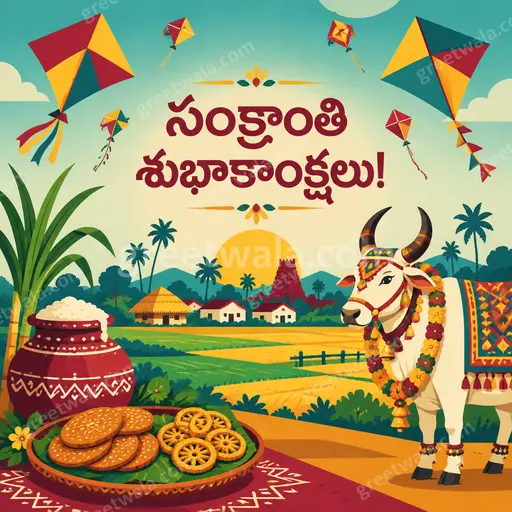 Cheerful modern flat-vector Pongal card displaying 'సంక్రాంతి శుభాకాంక్షలు!' with pongal pot, sugarcane, sun in warm harvest hues.