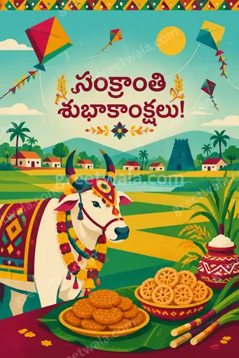 Cheerful modern flat vector Pongal card with harvest sun, sugarcane, pongal pot and Telugu text సంక్రాంతి శుభాకాంక్షలు!