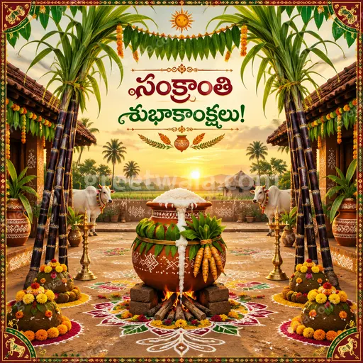 Ornate traditional Pongal card radiating joyful harvest warmth with Telugu greeting సంక్రాంతి శుభాకాంక్షలు amid sugarcane and pots.
