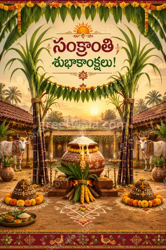 Ornate traditional Pongal card radiating joyful harvest warmth with Telugu greeting సంక్రాంతి శుభాకాంక్షలు in elegant festive lettering.