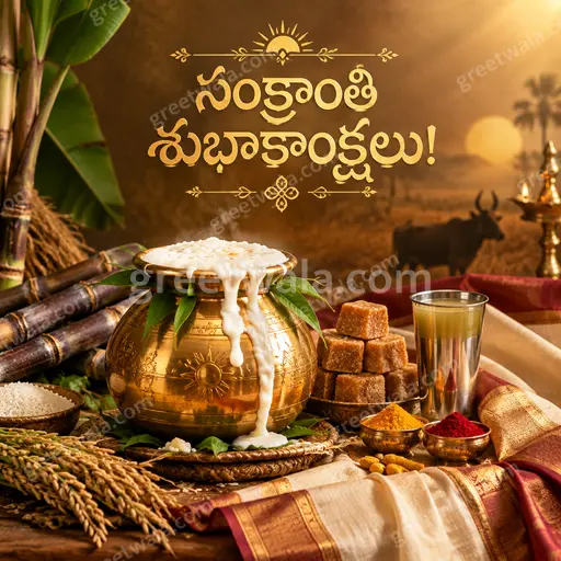 Premium festive card radiating harvest warmth with sunrise fields, sugarcane, kites, rangoli, and graceful Telugu typography.