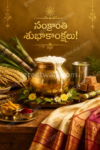 Premium Telugu Pongal showcase card featuring 'సంక్రాంతి శుభాకాంక్షలు!' with vibrant harvest motifs and joyful festive warmth.