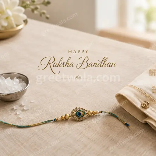 Elegant minimal card with soft golden rakhi motifs and calm cream tones wishing Happy Raksha Bandhan warmly.