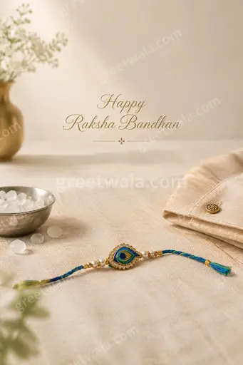 Elegant minimal card displaying Happy Raksha Bandhan in refined lettering with soft gold accents and serene loving mood.