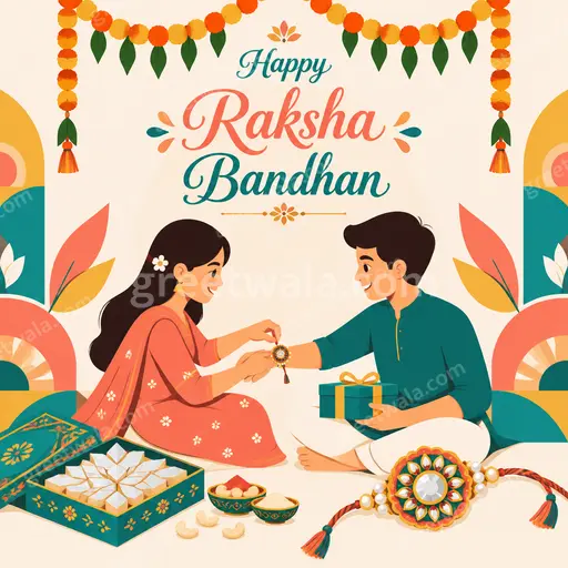 Modern flat vector Raksha Bandhan card with cheerful festive mood, decorative rakhi, gifts, and Happy Raksha Bandhan text.