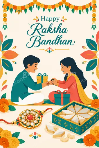 Cheerful modern flat vector card displaying Happy Raksha Bandhan with rakhi, gifts and warm festive glow.