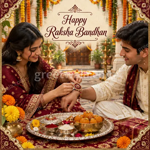 Ornate traditional card displaying Happy Raksha Bandhan in gold, with rakhis, marigolds, diyas, and warm festive glow.