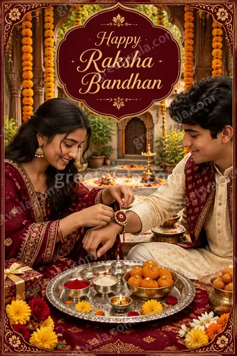 Ornate traditional card displaying Happy Raksha Bandhan with golden rakhis, diyas, and warm joyful festive elegance.