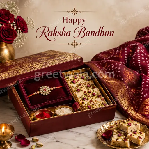 Premium Happy Raksha Bandhan card featuring elegant rakhi, glowing diyas and flowers in warm festive joyful style.