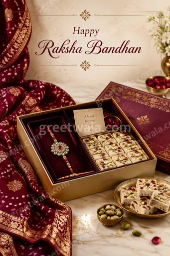 Luxurious festive card displaying Happy Raksha Bandhan in gold, with glowing diyas, rakhi threads and warm celebratory elegance.