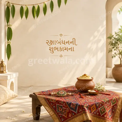 Elegant minimal Raksha Bandhan card with soft golden glow, delicate rakhi motifs, displaying રક્ષાબંધનની શુભકામના gracefully.