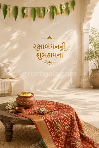 Elegant minimal Raksha Bandhan card in soft gold and cream tones displaying “રક્ષાબંધનની શુભકામના” with serene festive warmth.