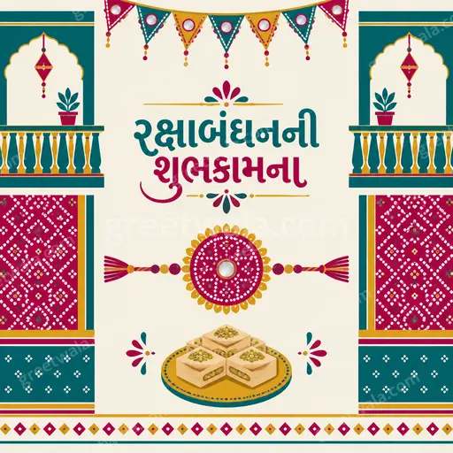 Modern flat vector Raksha Bandhan card in warm festive tones showing રક્ષાબંધનની શુભકામના with elegant rakhi and joyful sibling celebration.