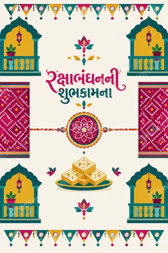 Modern flat vector Raksha Bandhan card displaying રક્ષાબંધનની શુભકામના with warm festive sibling love and elegant decorative style.